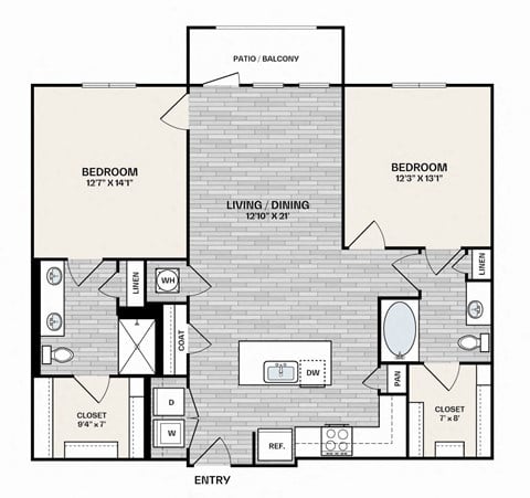 Floor plan for 2 beds, 2 baths, 1184 sqft